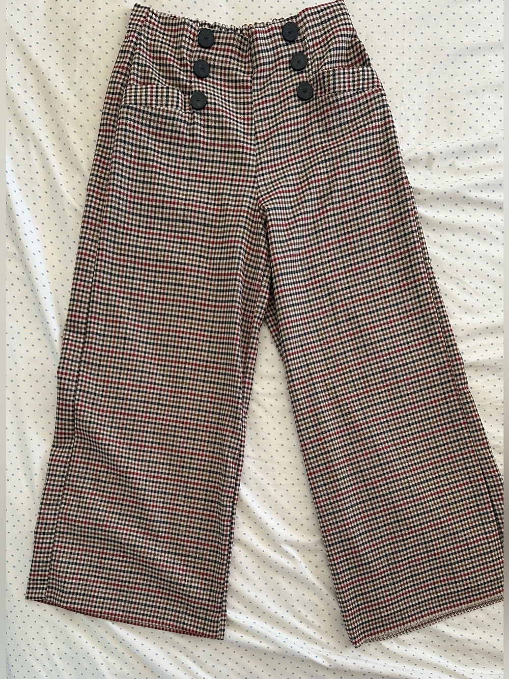 ZARA Plaid Wide Leg Trousers | High Waisted | Button Detail | Size S